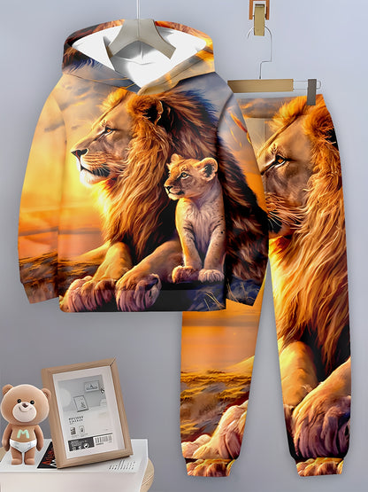 Boy  clothing  1set Boys' 3D Lion Print Hoodie and Sweatpants Set