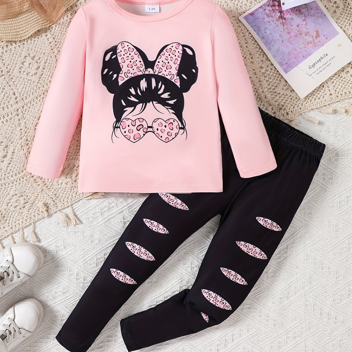 Girl clothing   printed long sleeved top+leopard print leggings