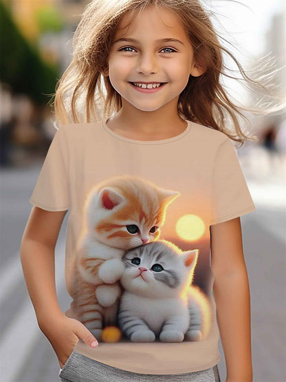 Girl clothing   Cat Pattern Short Sleeve Crew Neck T-shirt