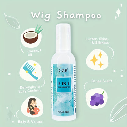 Style & Shine Hair  GZE 2-in-1 Wig Shampoo for Synthetic Hair, 100ml - Deep Cleansing & Moisturizing Soak & Rinse Formula, Revitalizes & Detangles, Ideal for Dry Hair