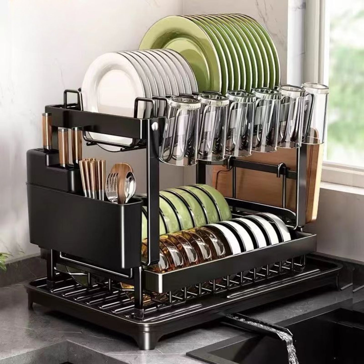 Kitchen   2-Tier Stainless Steel Dish Drying Rack with Rotatable Drainage System, Adjustable Dish Drainer, Utensil Holder, and Cup Rack for Kitchen Counter