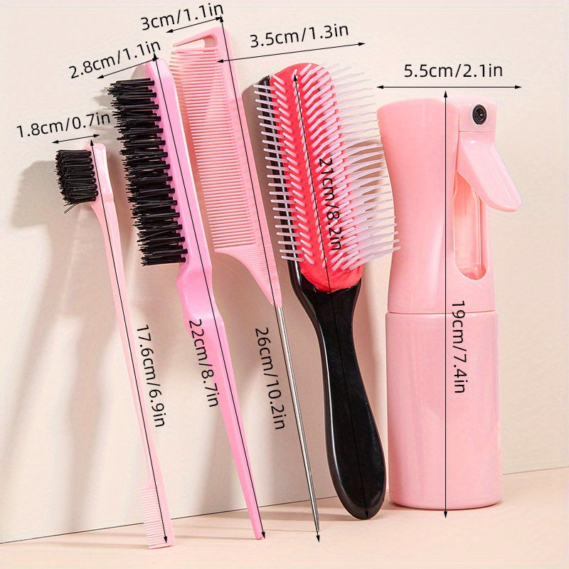 Style & Shine Hair [5pcs Detangling Comb Set] 5pcs Pink Detangling & Styling Comb Set - Includes Wig Brush, Curved Rat Tail Comb, Edge Control Brush for All Hair Types