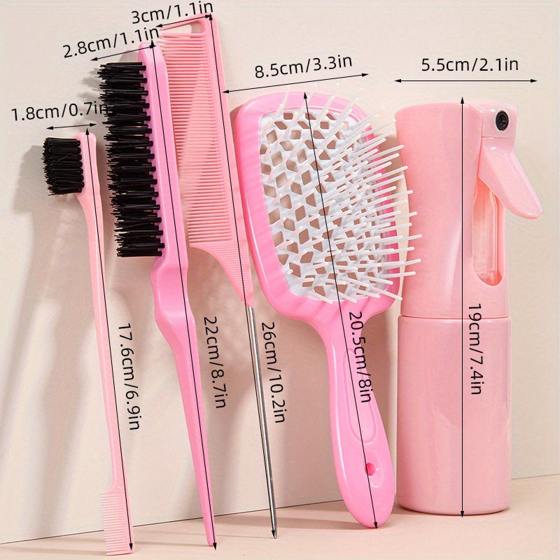 Style & Shine Hair [5pcs Detangling Comb Set] 5pcs Pink Detangling & Styling Comb Set - Includes Wig Brush, Curved Rat Tail Comb, Edge Control Brush for All Hair Types