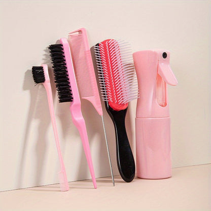 Style & Shine Hair [5pcs Detangling Comb Set] 5pcs Pink Detangling & Styling Comb Set - Includes Wig Brush, Curved Rat Tail Comb, Edge Control Brush for All Hair Types