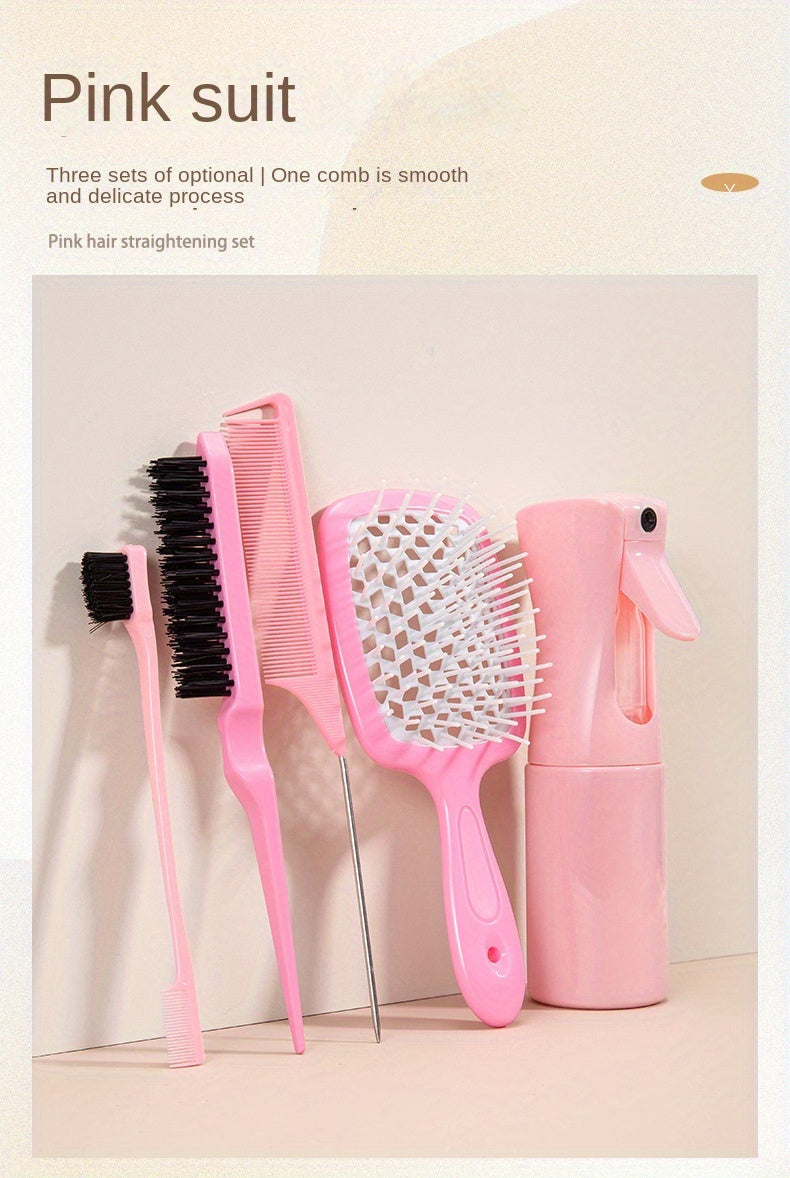 Style & Shine Hair [5pcs Detangling Comb Set] 5pcs Pink Detangling & Styling Comb Set - Includes Wig Brush, Curved Rat Tail Comb, Edge Control Brush for All Hair Types