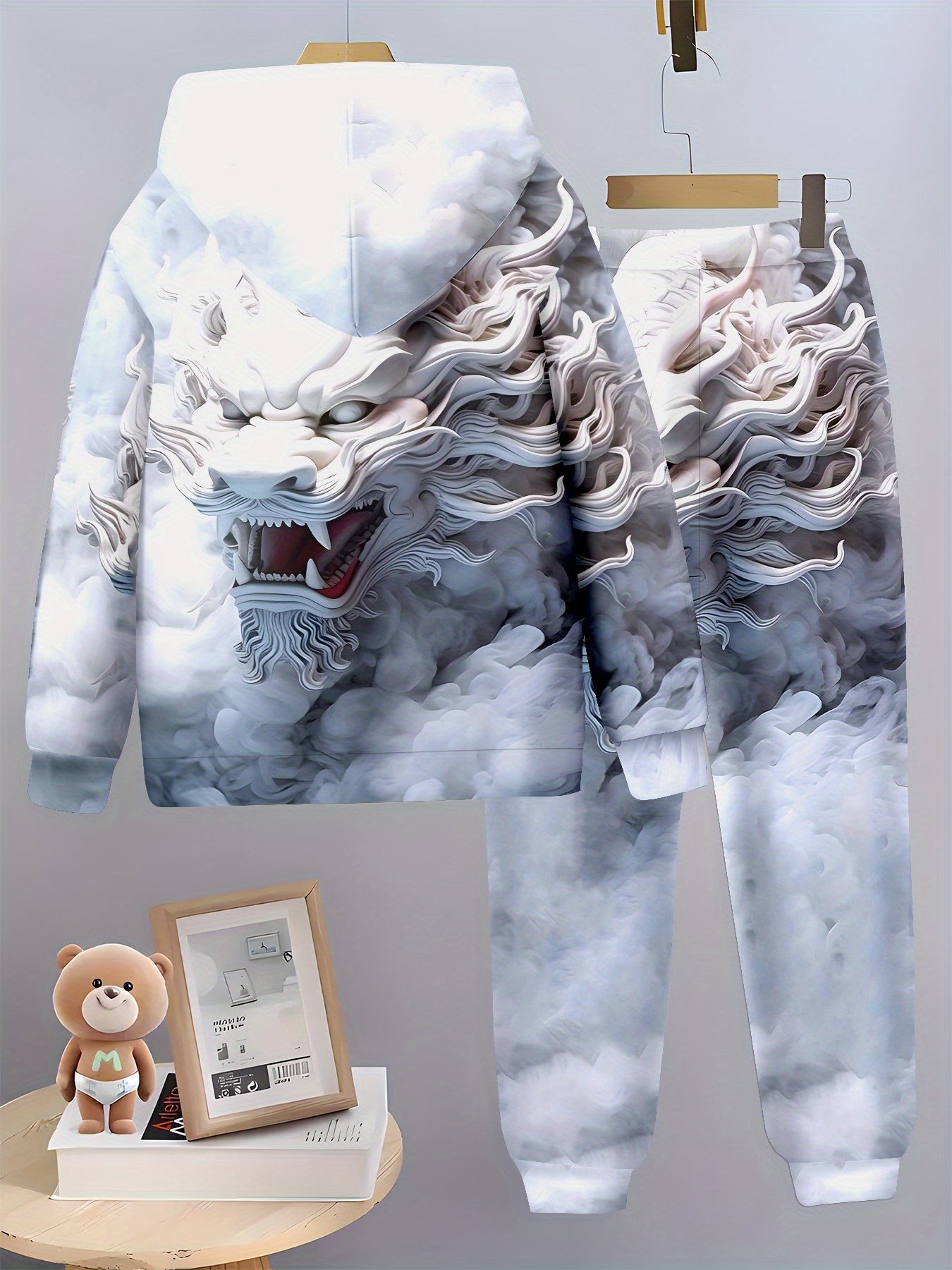 Boy  clothing  3D Dragon Print Hoodie & Joggers Set