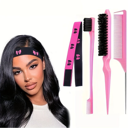 Style & Shine Hair  4-Piece Hair Styling Accessory Set - Elastic Edge Band for Wigs, Lace Front Grip, Pin Tail Comb, Fine Tooth Comb, Double-Sided Edge Control Brush Kit