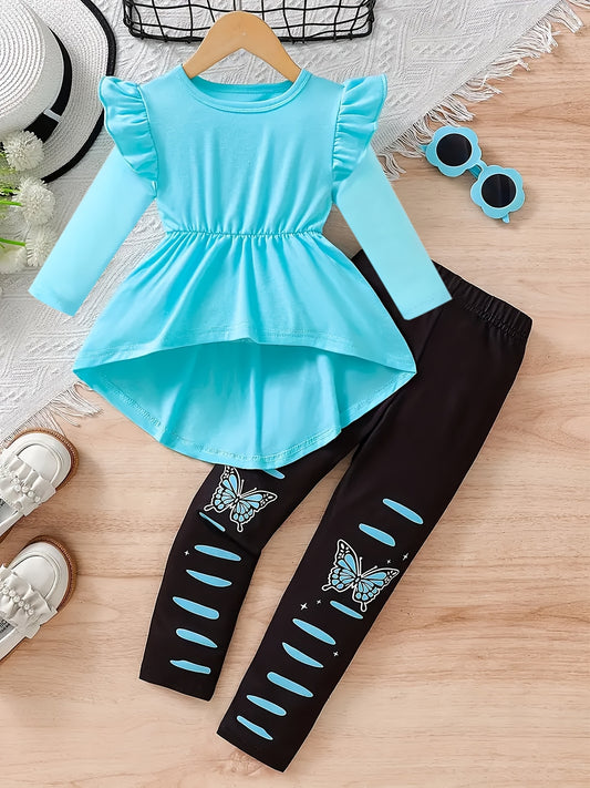 Girl clothing  Long Sleeve T-Shirt and Pants Set with Butterfly Pattern