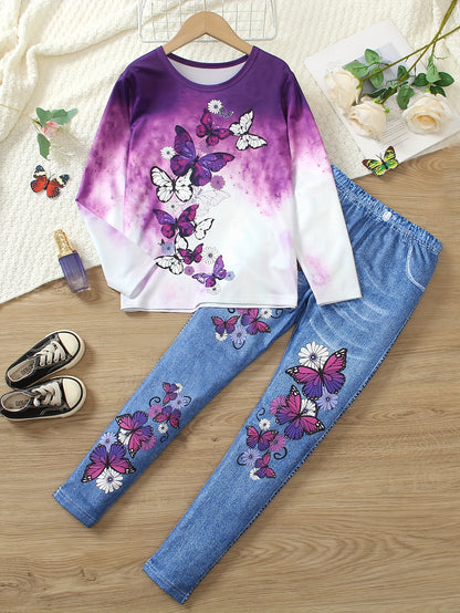 Girl clothing  Girls' Butterfly & Floral Print Outfit Set - Long Sleeve Crew Neck Top with Imitation Denim-Printed Leggings