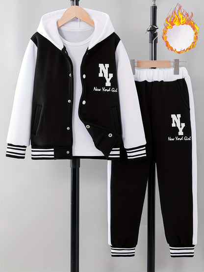 Girl clothing  'NY' Letter Print  Block Hooded Varsity Jacket + Sweatpants Set