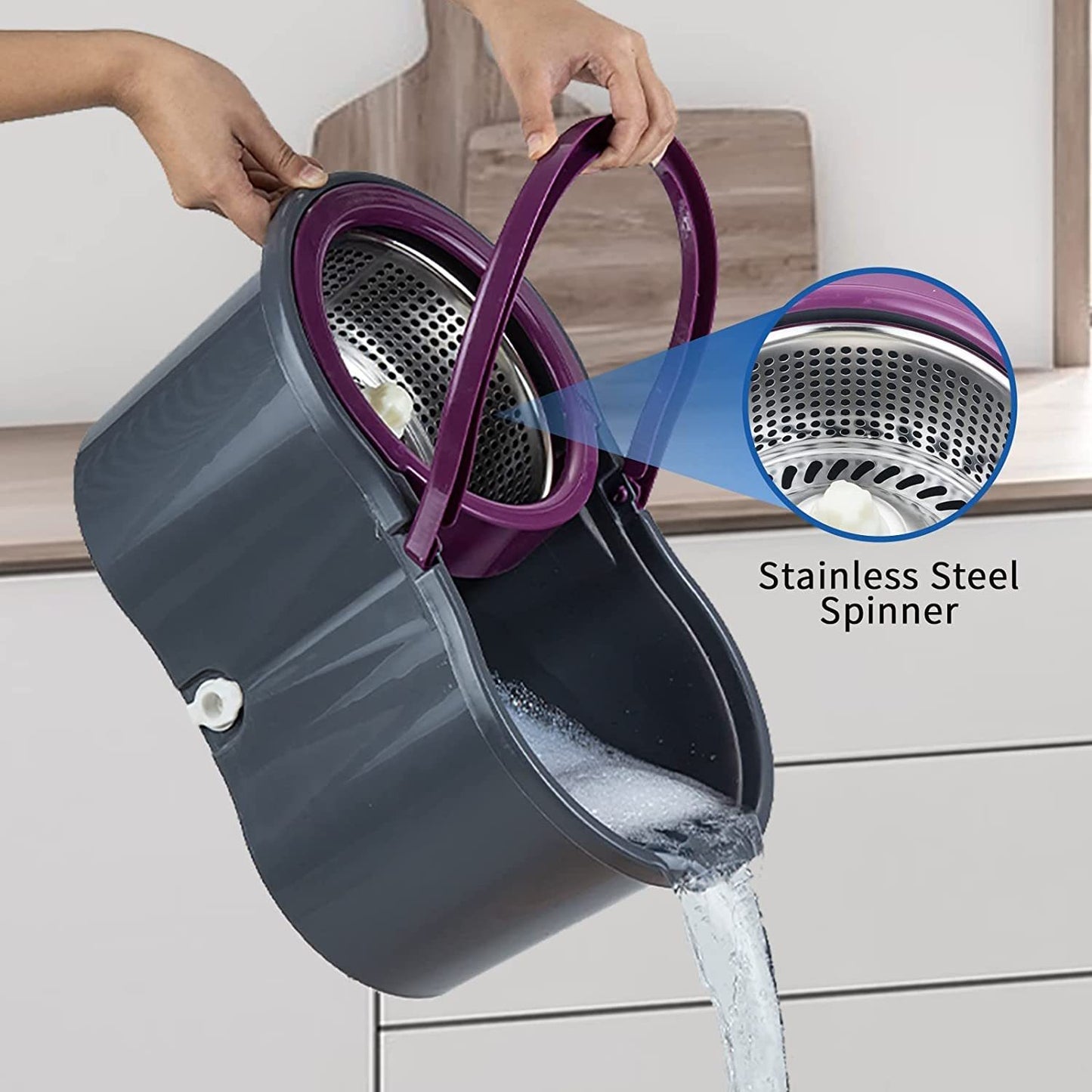 Kitchen   Dark Grey Mop & Bucket Set Microfiber + 4 Mop Head Pads Brush New 360 Floor Magic Spin For Kitchen Hard Floors