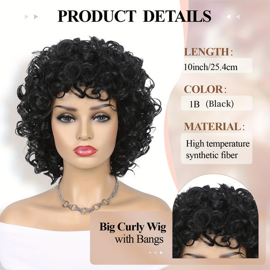 Crown & Glory Wigs Short Afro Curly Wig With Bangs for Women Synthetic Wigs for Women 10 inch