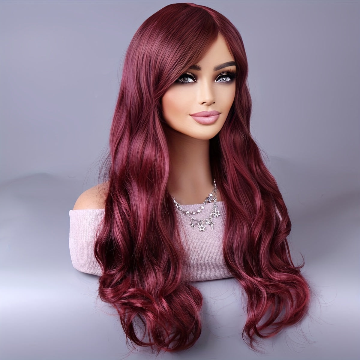 Crown & Glory Wigs  Long Reddish Brown Curly Wig With Bangs For Women Curly Wavy Wigs Synthetic Heat Resistant Fiber For Daily Party Cosplay Use