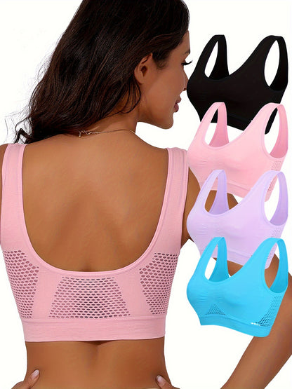 Woman clothing  4pcs Breathable High-Support Women's Sports Bras - No-Wire Design with Hollow-Out Detail for Running & Yoga