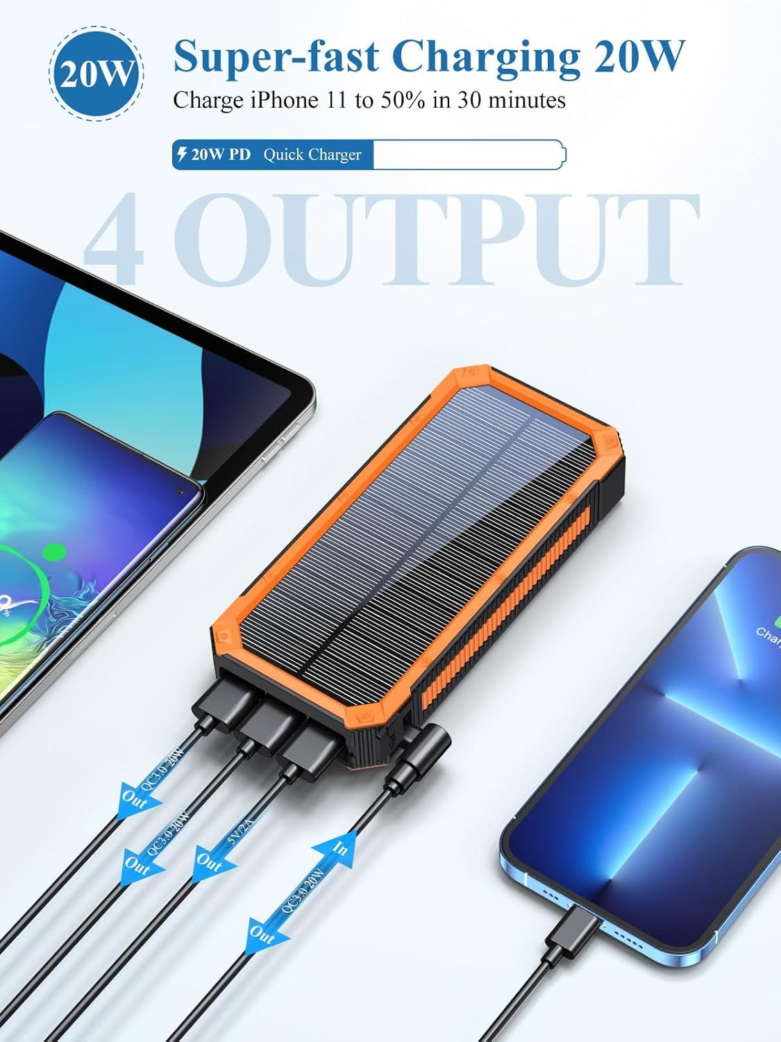 Mobile  Solar Power Bank 20000 mAh, PD20W Solar portable Charger with Output USB  Smartphones, Tablets and more.