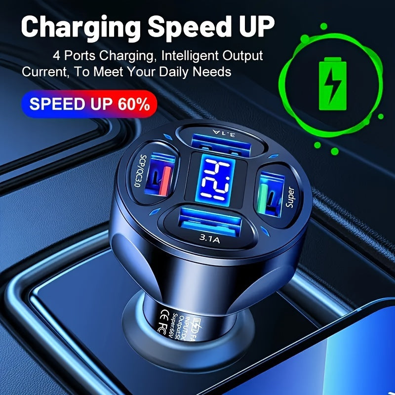 Car   120W Car Charger with 4 USB Ports, Digital Display and Fast Charging Technology - Perfect for Charging Multiple Devices at the Same Time!