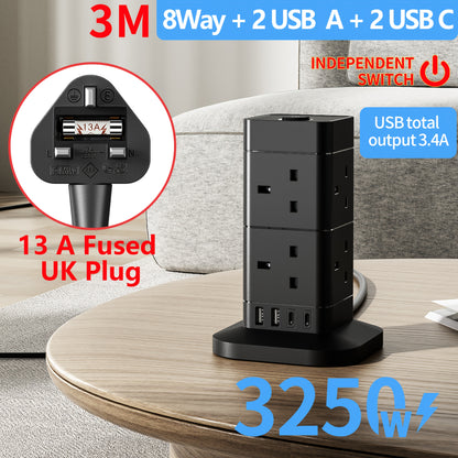 Kitchen  Tower Extension Lead 2M/3M/5M With USB Slots, Hotimy 8 Way 4 USB (2 USB-A&2 USB C) Multi Plug Extension Tower