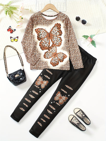 Girl clothing  Girls' 2pcs Set Long Sleeve Top and Jeggings with Butterfly & Leopard Print