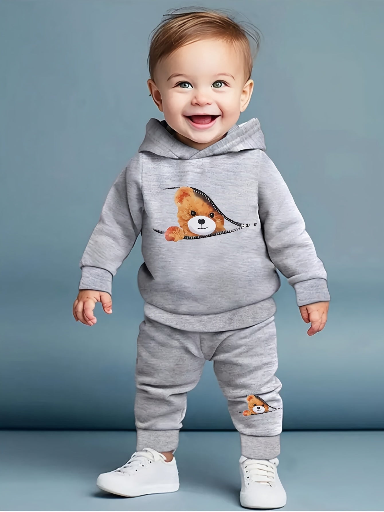 Boy  clothing  Boys And Babies  Zipper Bear Print Long-Sleeved Sweatshirt + Print Trousers Two-Piece Set