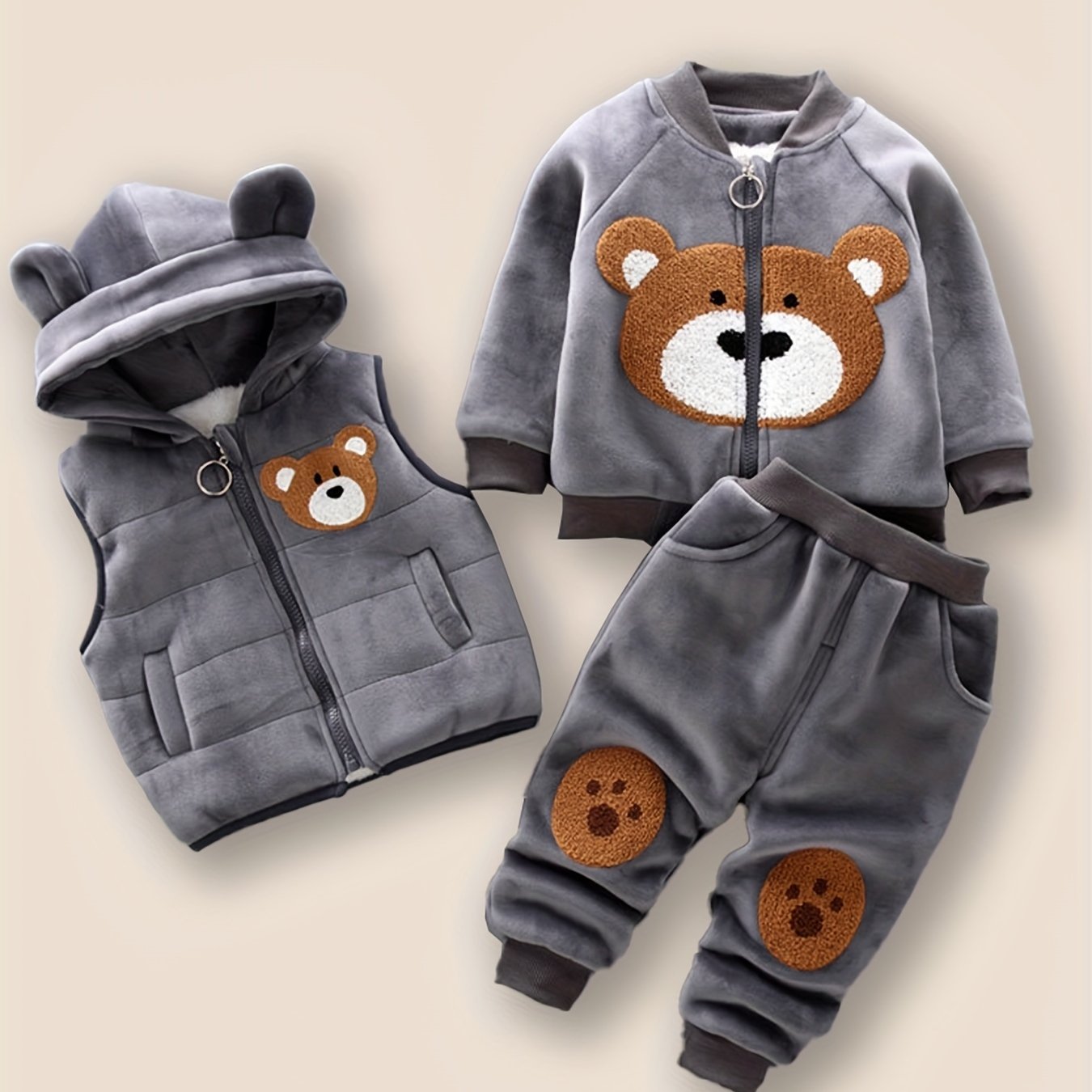 Boy clothing  3pcs Toddler Boy Outfit Set -Bear Appliqué Top, Hooded Zip-Up Jacket, and Matching Pants