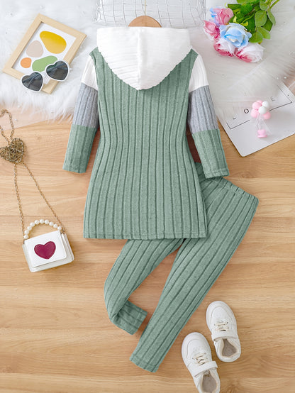 Girl clothing  2pcs Set, Spring/Fall Knitted Casual Outfit, Color Block Long Sleeve Hooded Pullover and Long Pants