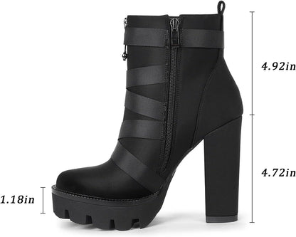 Platform Boots for Women, Heeled Combat Boots Chunky Heel Booties round Toe Lace up High Heel Ankle Boots