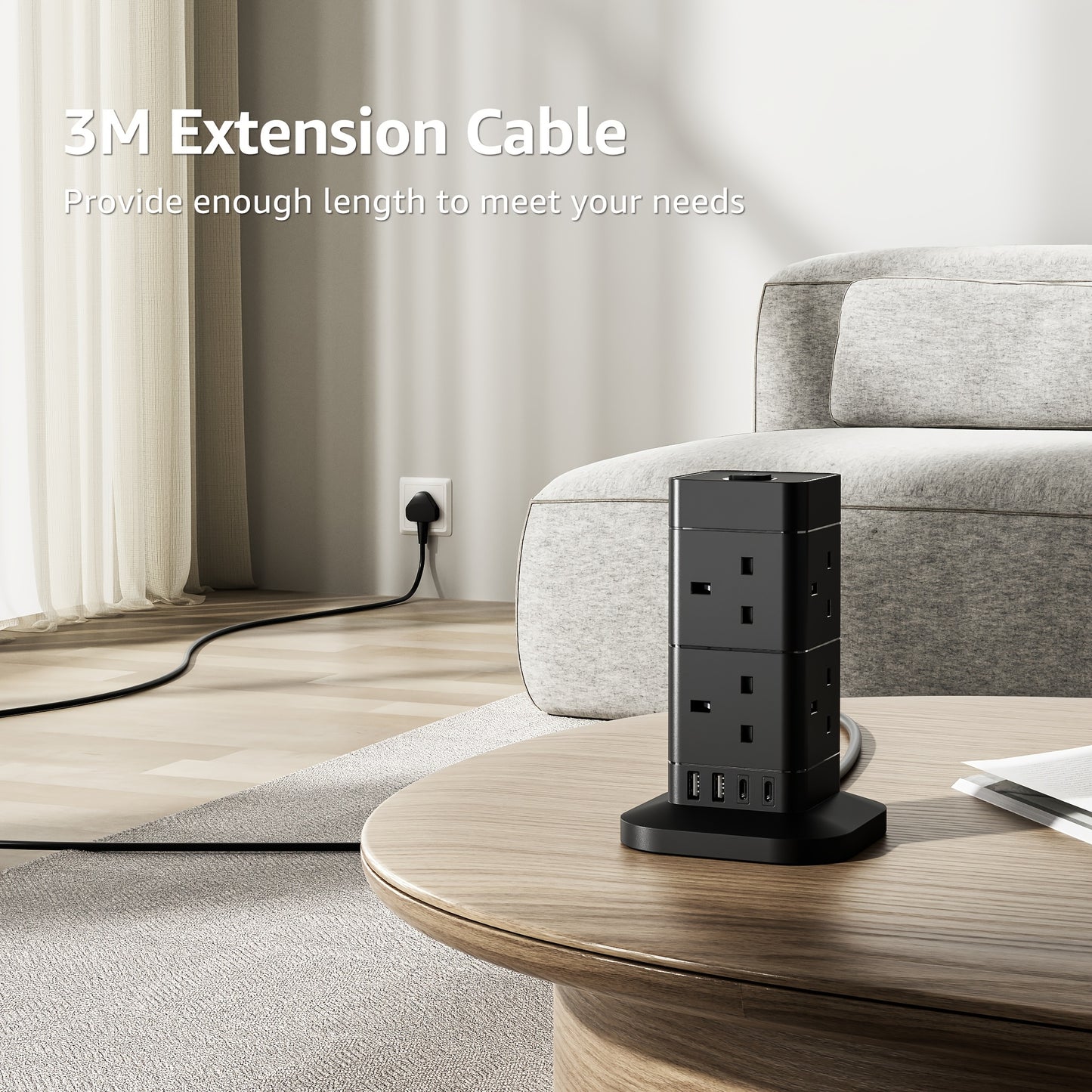 Kitchen  Tower Extension Lead 2M/3M/5M With USB Slots, Hotimy 8 Way 4 USB (2 USB-A&2 USB C) Multi Plug Extension Tower