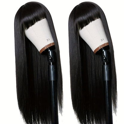 Crown & Glory Wigs   Silky Brazilian Virgin Straight Human Hair Wigs with Bangs 150% Density None Lace Front Wigs Glueless Machine Made Wigs for Women Natural Color