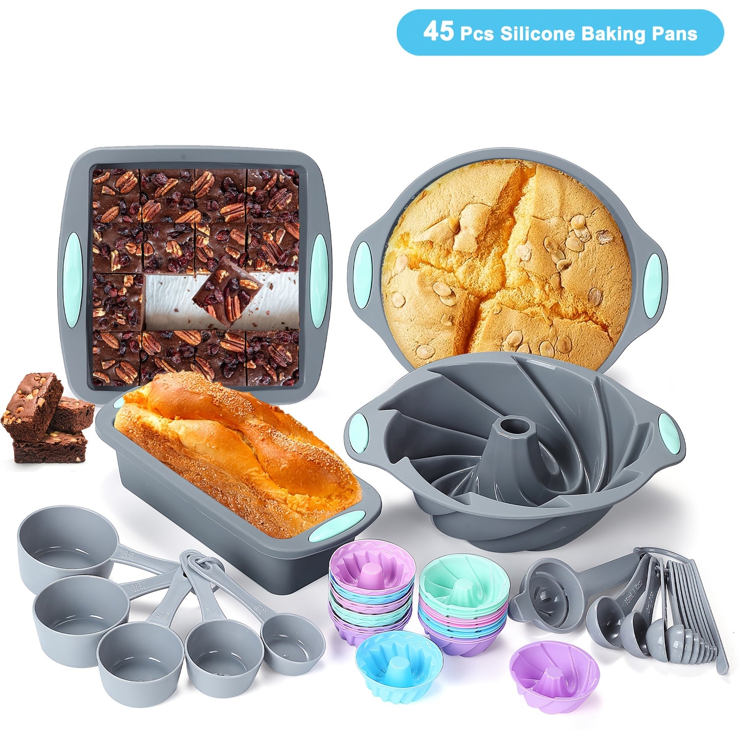 Kitchen   45pcs Silicone Baking Set, Non stick Bakeware Set Baking Cookie Sheets Cake Muffin Bread Pan, Loaf Pan, Cake Pan, Pizza Pan, Mini Cupcake mold, Bundt pan, Charlotte Cake Pan, Measuring Cup and Spoon