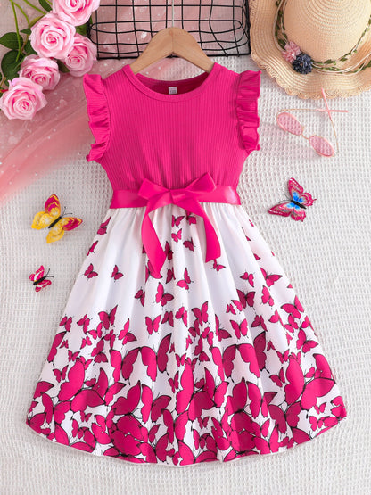 Girl clothing  Girls' Butterfly Print Spliced Solid Color Groove No-sleeve Earlobe Sleeve Hem Dress + Belt Two-piece Set