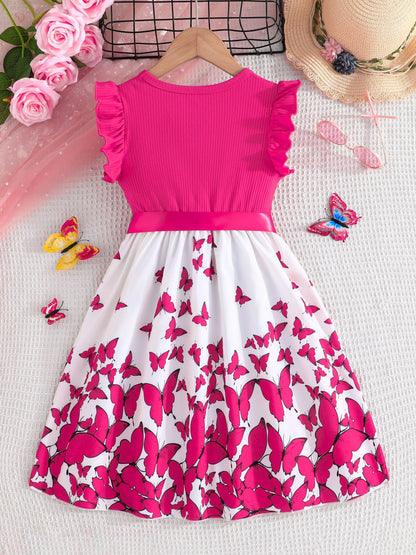 Girl clothing  Girls' Butterfly Print Spliced Solid Color Groove No-sleeve Earlobe Sleeve Hem Dress + Belt Two-piece Set