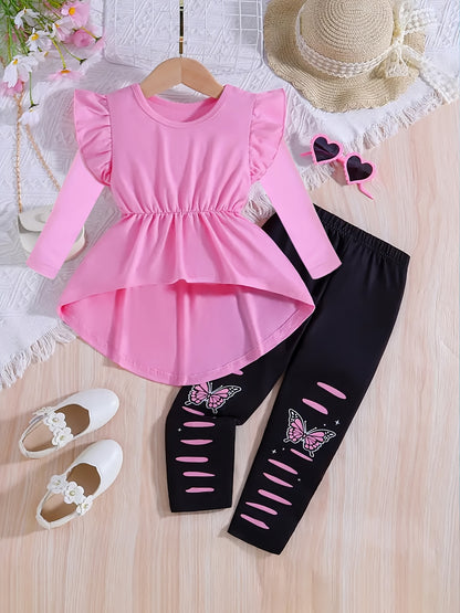 Girl clothing  Long Sleeve T-Shirt and Pants Set with Butterfly Pattern