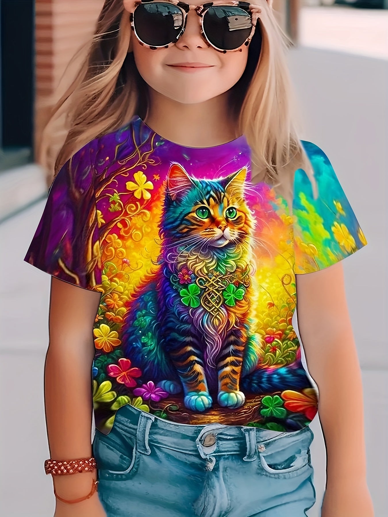 Girl clothing   Colourful 3D Cat Print Youngsters' T-Shirt