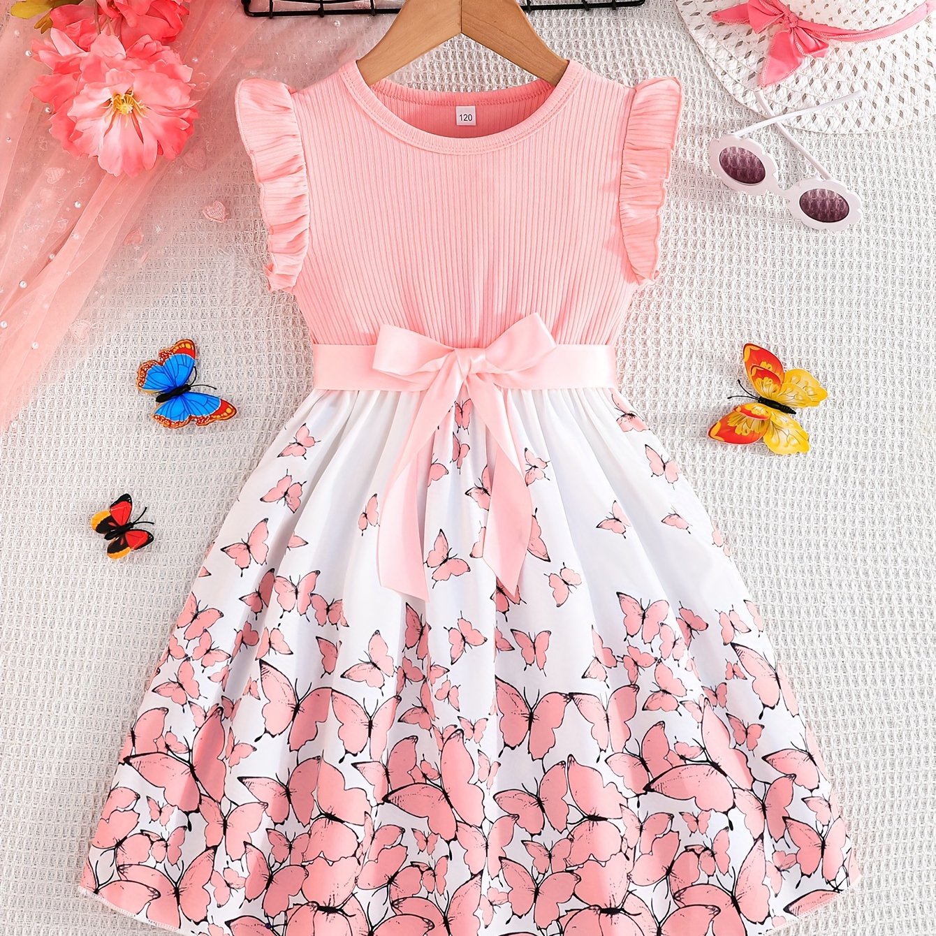 Girl clothing  Girls' Butterfly Print Spliced Solid Color Groove No-sleeve Earlobe Sleeve Hem Dress + Belt Two-piece Set