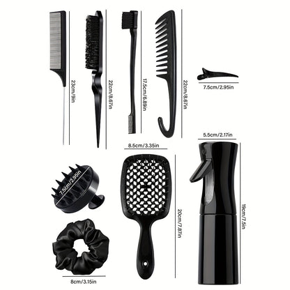 Style & Shine Hair  12pcs Hair Styling Set: Detangling & Teasing Brushes, Rat Tail Comb, Edge Control Brush, Silicone Scalp Massager Shampoo Brush with Spray Bottle - for All Hair Types