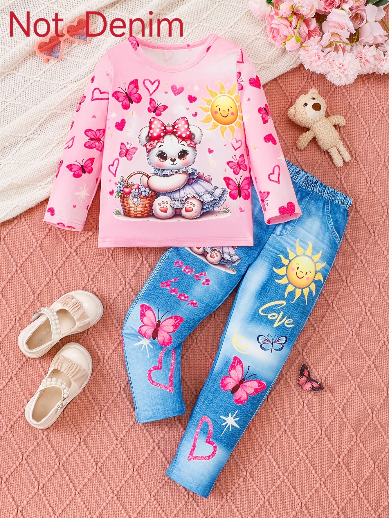 Girl clothing  2pcs Cute Bear and Sun Butterfly Heart Print Long Sleeve Top and Denim Pants Set