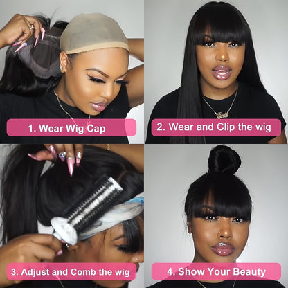 Crown & Glory Wigs   Silky Brazilian Virgin Straight Human Hair Wigs with Bangs 150% Density None Lace Front Wigs Glueless Machine Made Wigs for Women Natural Color