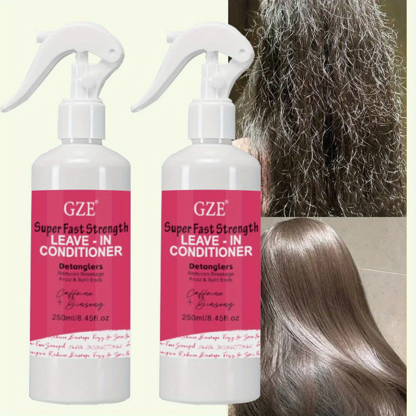 Style & Shine Hair  2 Pack GZE Fast Strong Leave In Conditioner Detangles Anti Frizz Caffeine Ginseng Moisturizing Hydrating For Dry Curly Hair &Synthetic Wigs Heat Resistant Spray