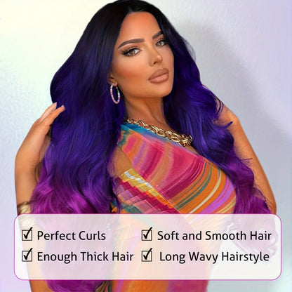 Crown & Glory Wigs  Elegant Ombre Purple Wig for Women - Long, Heat-Resistant Synthetic Hair with Dark Roots, Natural Look Body Wave Style (Black to Blue to Purple), 3 Tone, Colored Wigs, 1B, Elegant Style