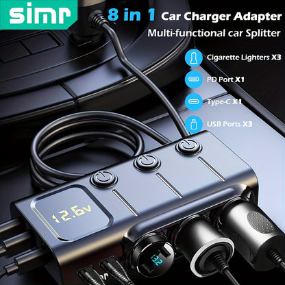 Car  Up date Super 8 in 1 120W High Power Fast Charger USB PD Car Charger Portable 3 Socket Replacement Splitter Car Lighter Splitter With Separate Switch LED Voltage Display 12 V/24 V Plug Charging Cabl