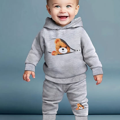 Boy  clothing  Boys And Babies  Zipper Bear Print Long-Sleeved Sweatshirt + Print Trousers Two-Piece Set