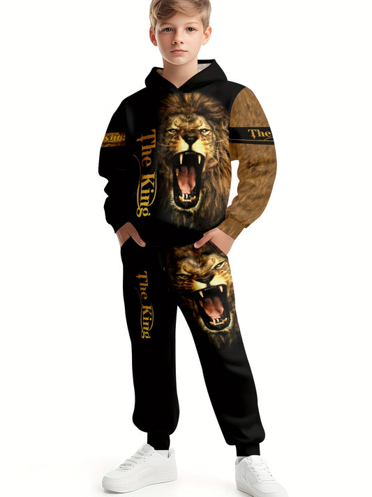 Boy clothing  3D Lion Print Hoodie & Joggers Set