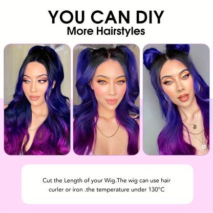 Crown & Glory Wigs  Elegant Ombre Purple Wig for Women - Long, Heat-Resistant Synthetic Hair with Dark Roots, Natural Look Body Wave Style (Black to Blue to Purple), 3 Tone, Colored Wigs, 1B, Elegant Style