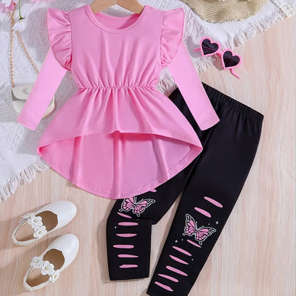 Girl clothing  Long Sleeve T-Shirt and Pants Set with Butterfly Pattern