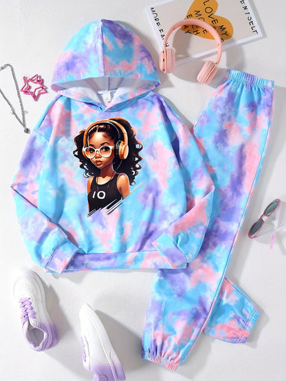 Girl clothing  2pcs Girls Tie-dye Pattern Hoodies + Jogger Pants Set