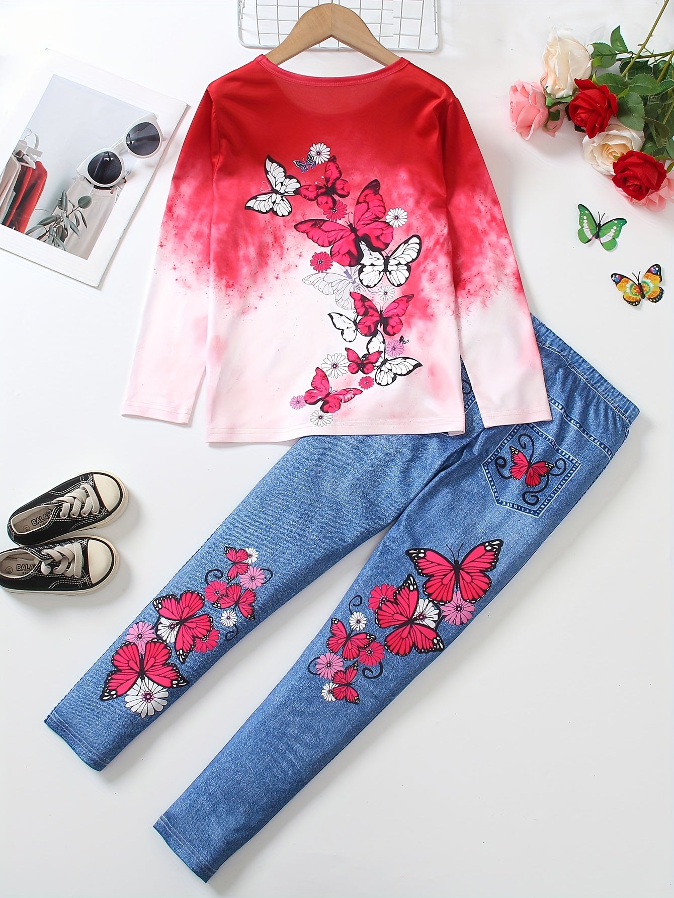 Girl clothing  Girls' Butterfly & Floral Print Outfit Set - Long Sleeve Crew Neck Top with Imitation Denim-Printed Leggings