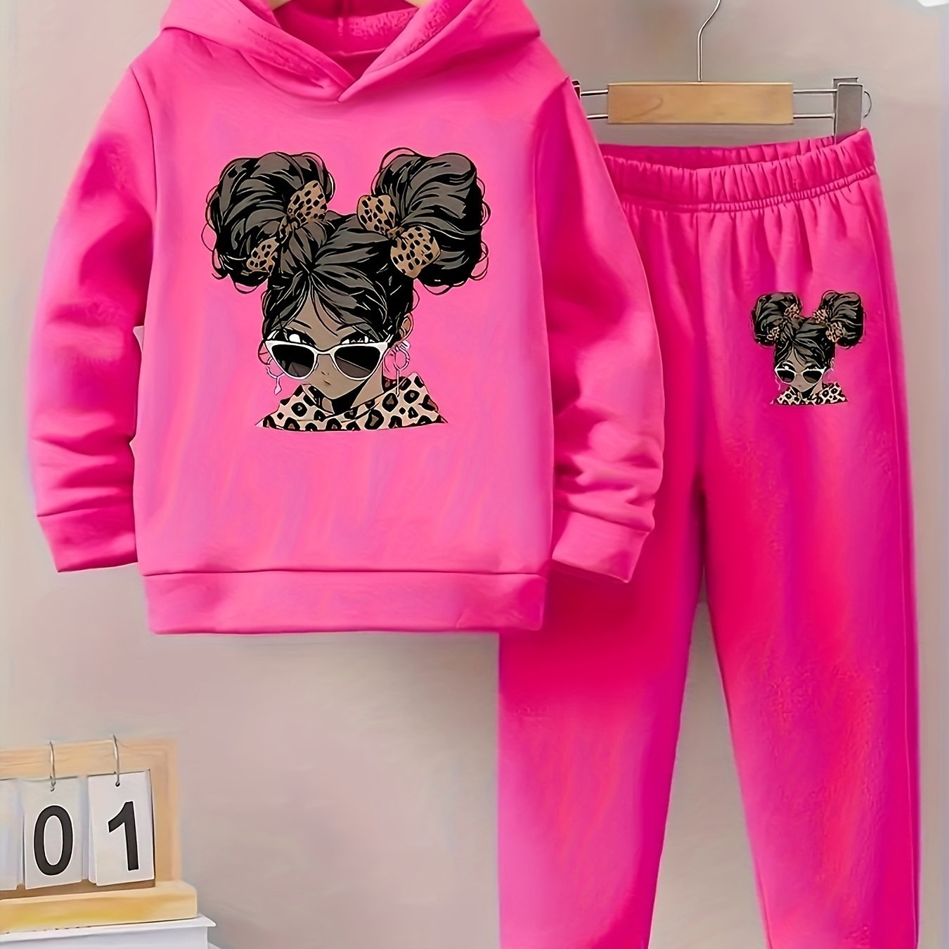 Girl clothing  2pcs Set: Long Sleeve Hoodie with Printed Cap, Sweatshirt with Leopard Print, Elastic Waist Sweatpants,