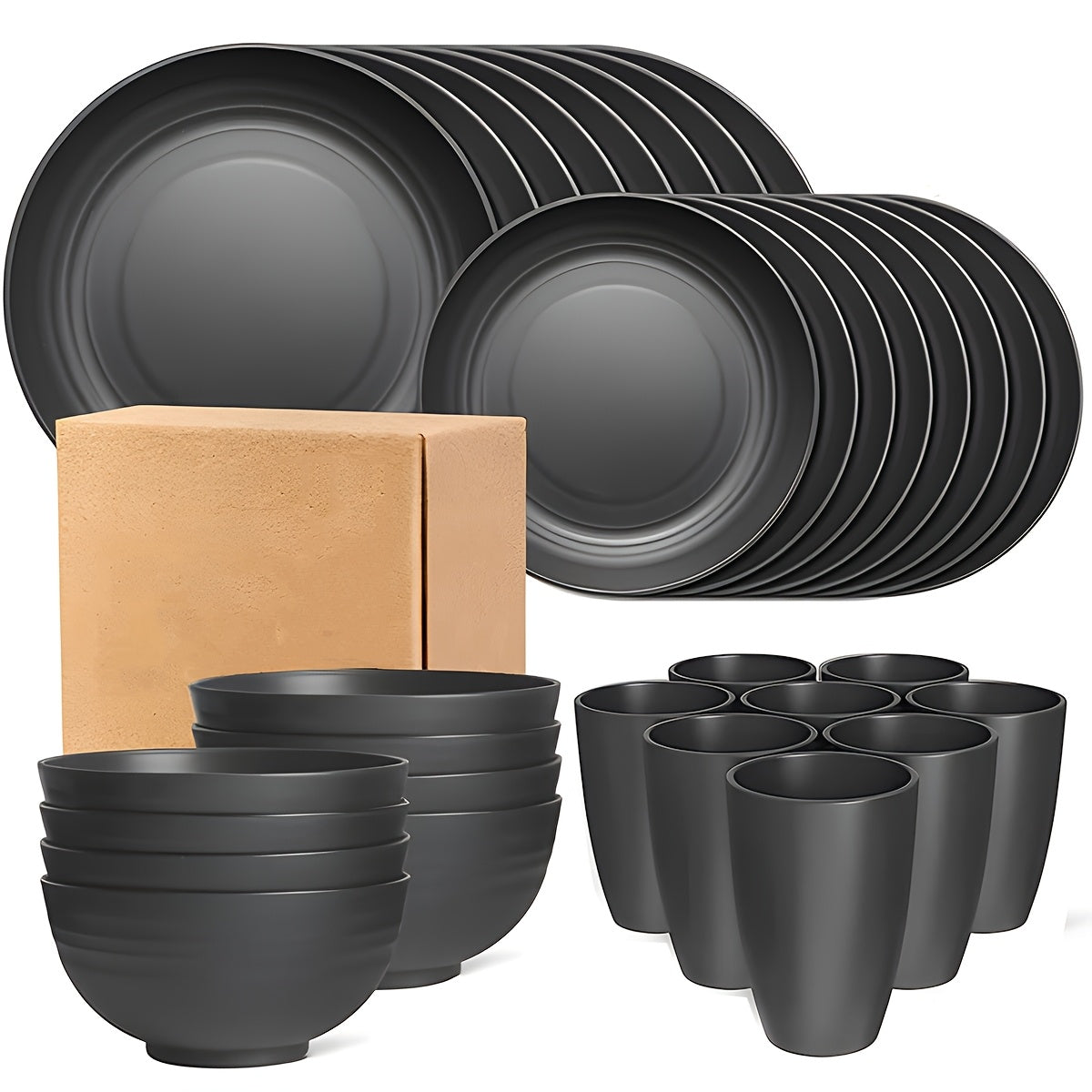 Kitchen   4/16/32pcs, Dinnerware Set, Matte Black Plastic Kitchen Dining Set, Includes 8 Dinner Plates, 8 Dessert Plates, 8 Bowls, 8 Cups Reusable, BPA-Free, For Home And Restaurant Use