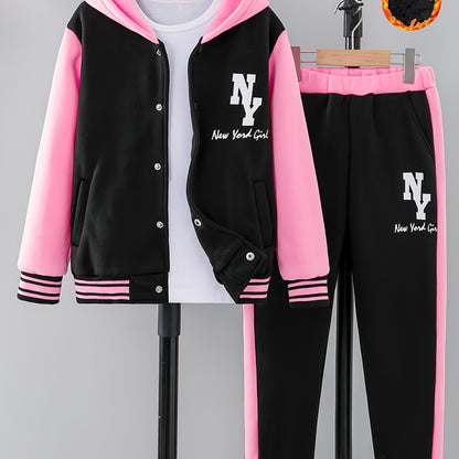 Girl clothing  'NY' Letter Print  Block Hooded Varsity Jacket + Sweatpants Set