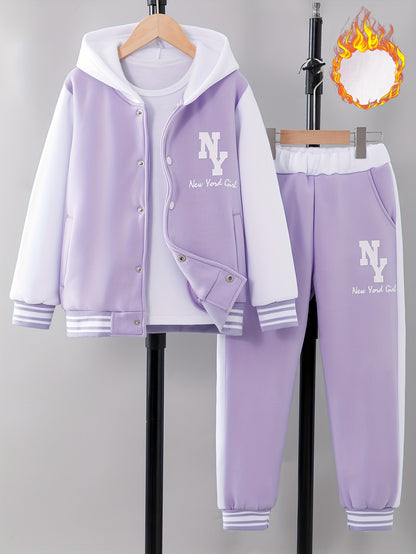 Girl clothing  'NY' Letter Print  Block Hooded Varsity Jacket + Sweatpants Set